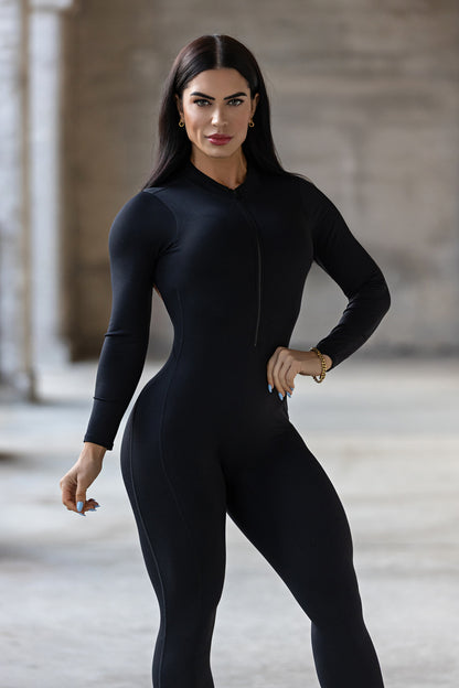 PHOENIX LONG SLEEVE ZIPPER BODYSUIT - BLACK