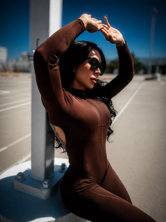 PHOENIX LONG SLEEVE ZIPPER BODYSUIT - CASHMERE